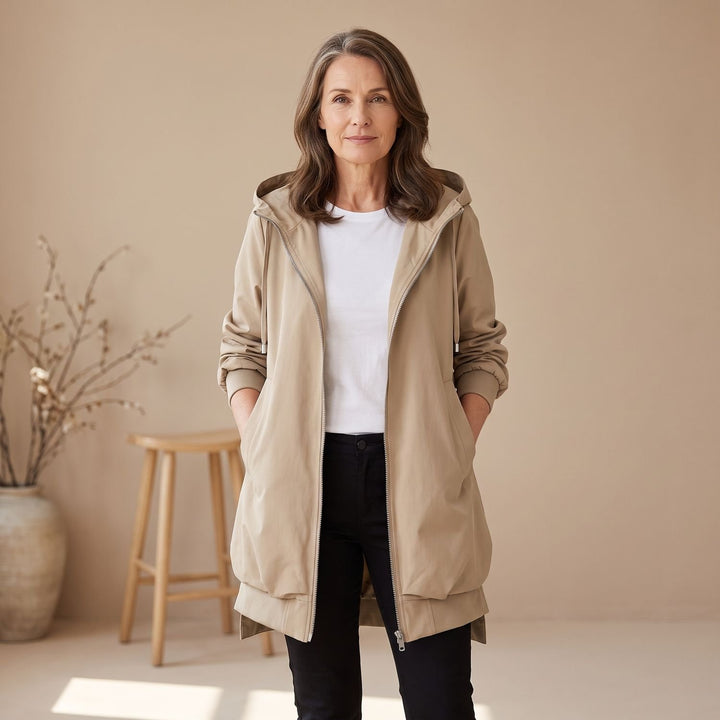 Damen Übergangsjacke Windjacke mit Kapuze Stehkragen Reißverschluss - Khaki