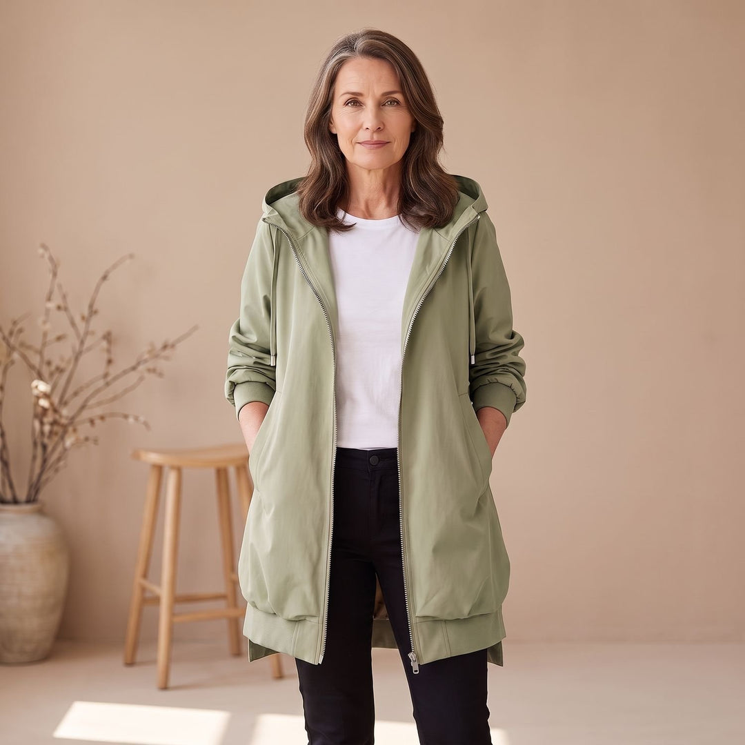 Damen Übergangsjacke Windjacke mit Kapuze Stehkragen Reißverschluss - Grün