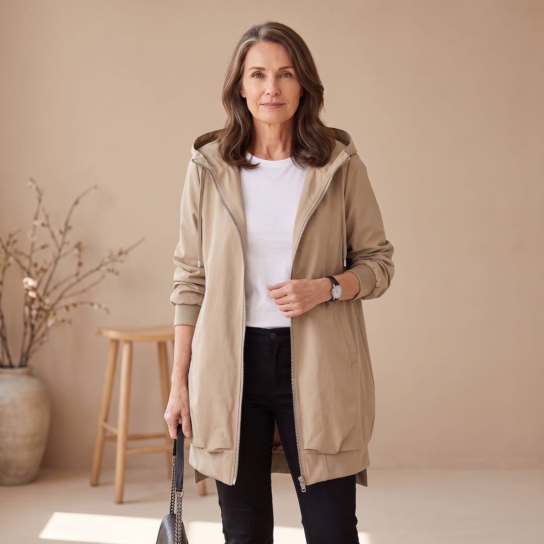 Damen Übergangsjacke Windjacke mit Kapuze Stehkragen Reißverschluss - Beige