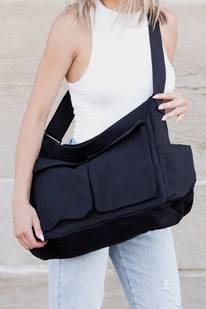Damen Übergroße Canvas Tote Bag Messenger Schultertasche - Schwarz