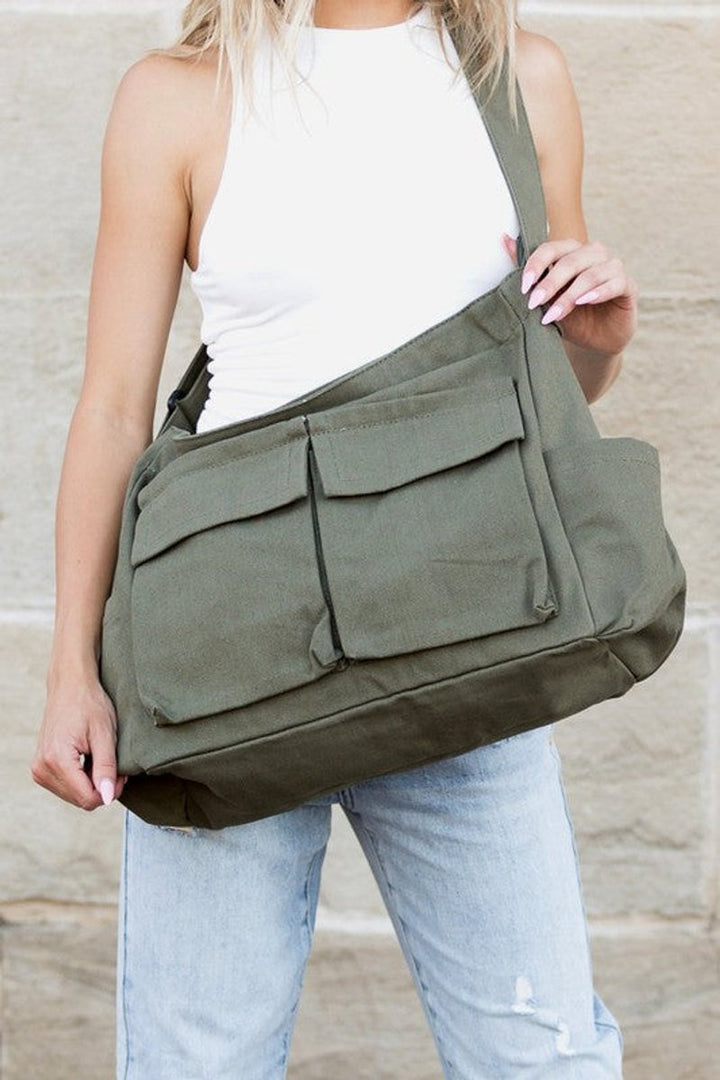 Damen Übergroße Canvas Tote Bag Messenger Schultertasche - Olive