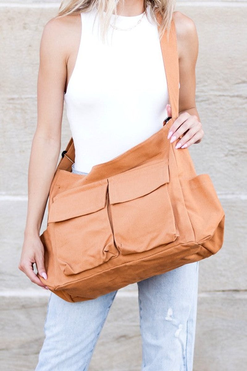 Damen Übergroße Canvas Tote Bag Messenger Schultertasche - Kamel