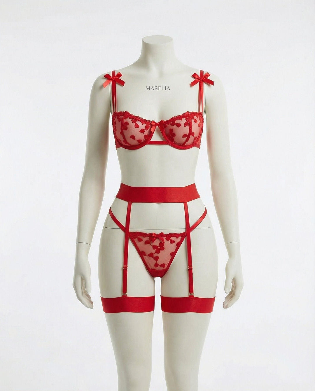 Damen Bestickte Mesh Dessous-Set mit Strumpfhalter