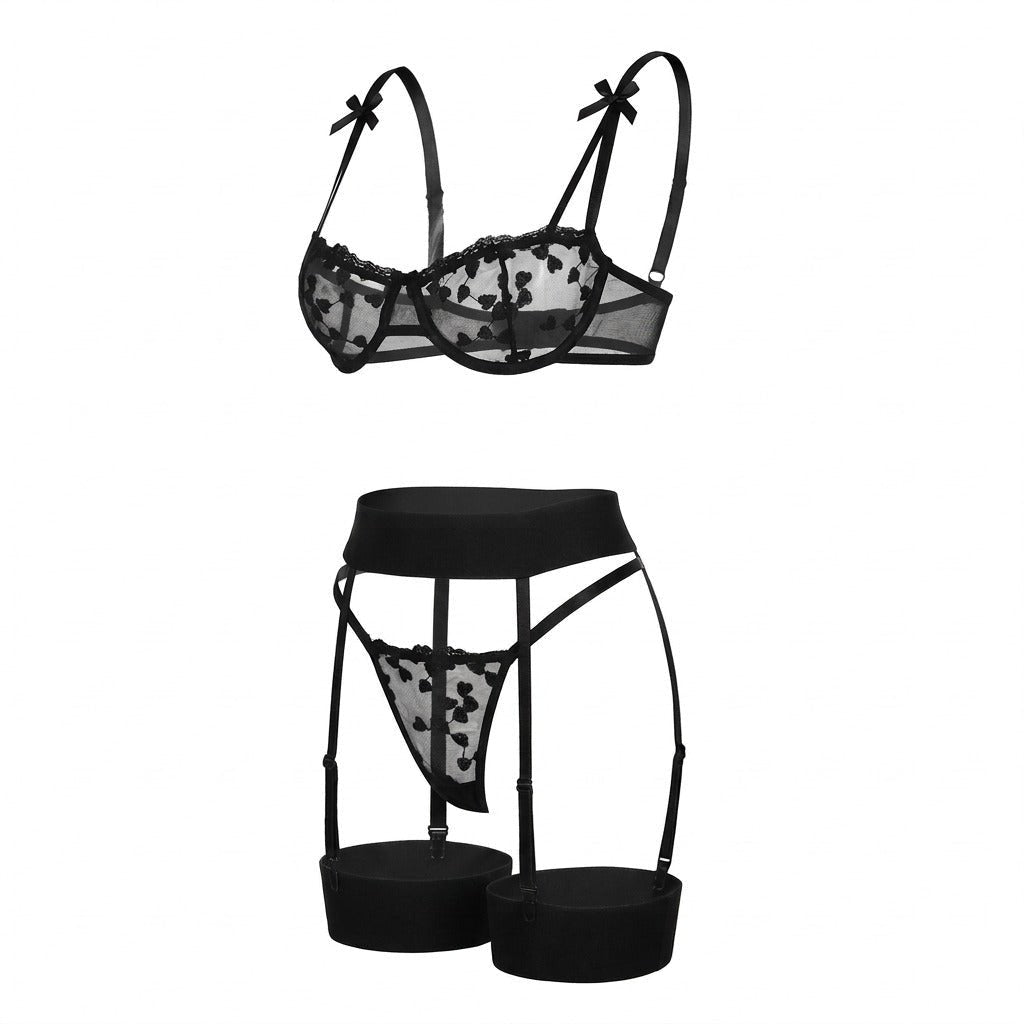 Damen Bestickte Mesh Dessous-Set mit Strumpfhalter - Black