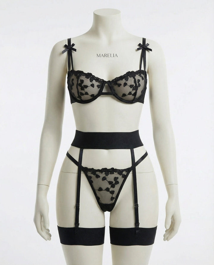 Damen Bestickte Mesh Dessous-Set mit Strumpfhalter