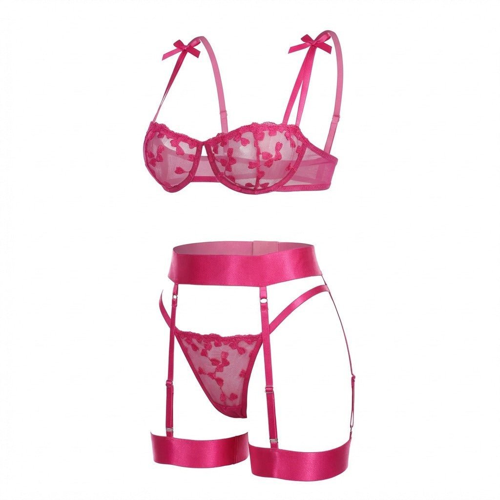 Damen Bestickte Mesh Dessous-Set mit Strumpfhalter - Fuchsia pink