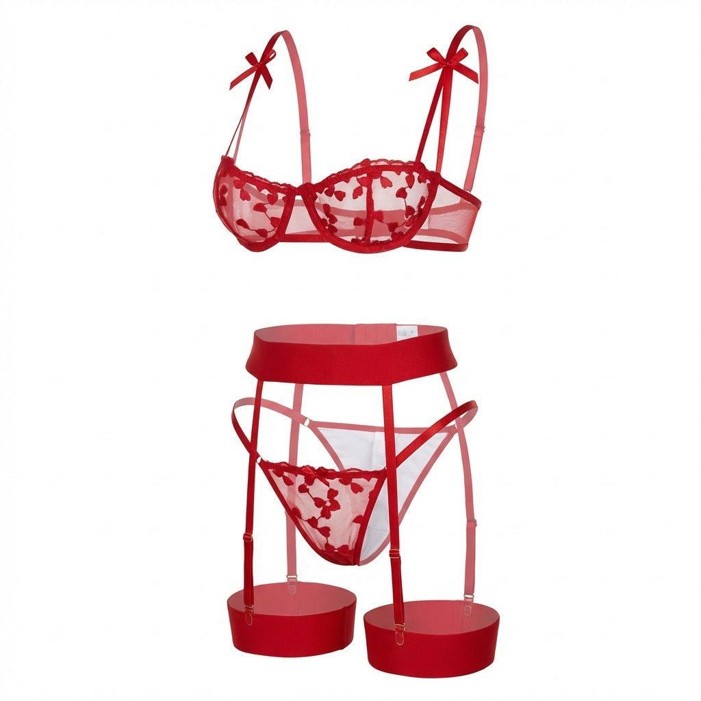 Damen Bestickte Mesh Dessous-Set mit Strumpfhalter - Red