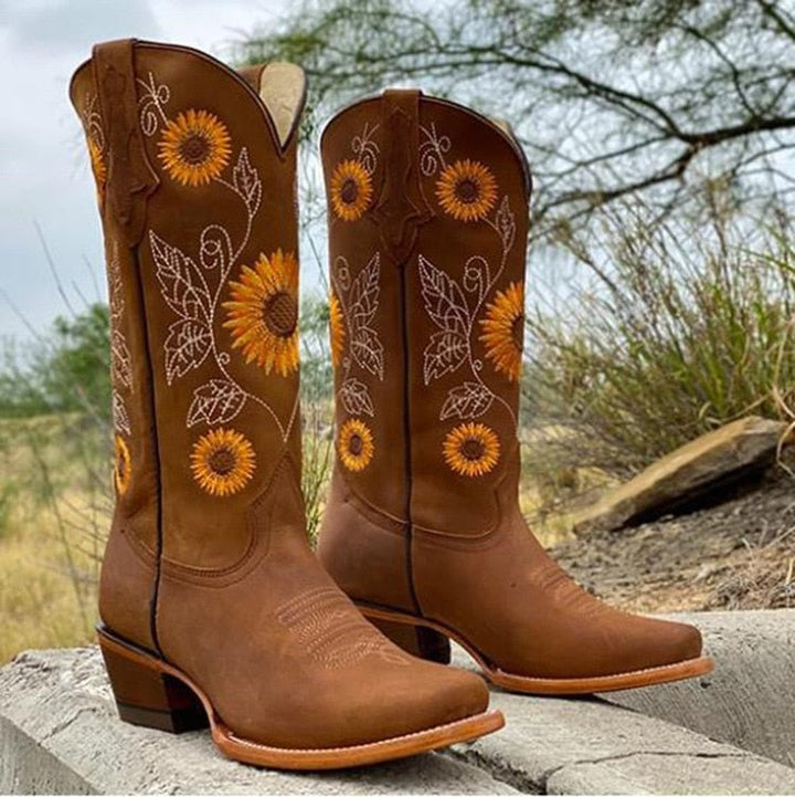 Damen Bestickte Sonnenblumen Cowboystiefel