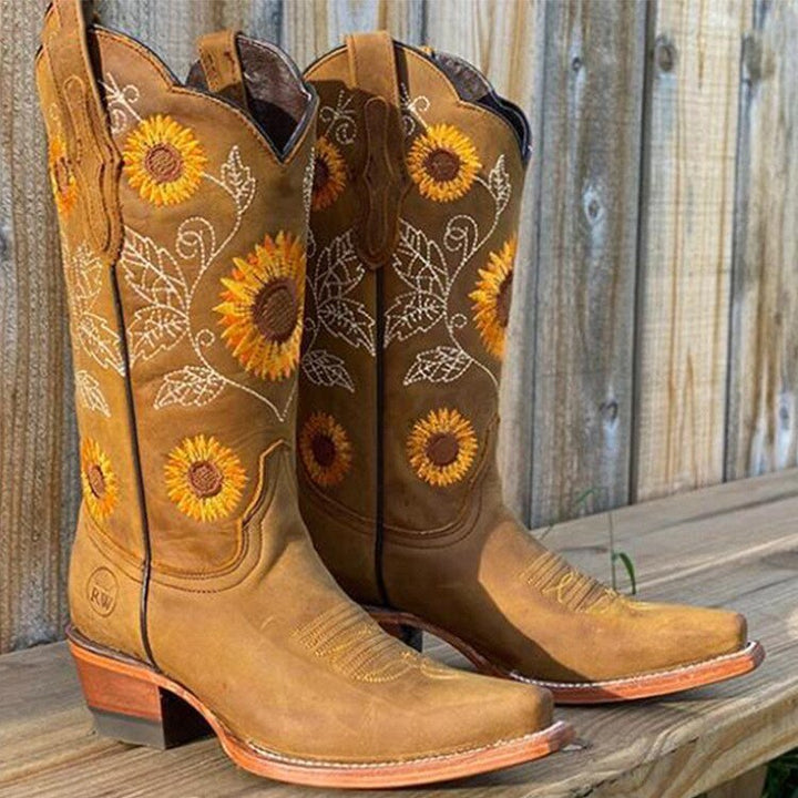Damen Bestickte Sonnenblumen Cowboystiefel - Khaki