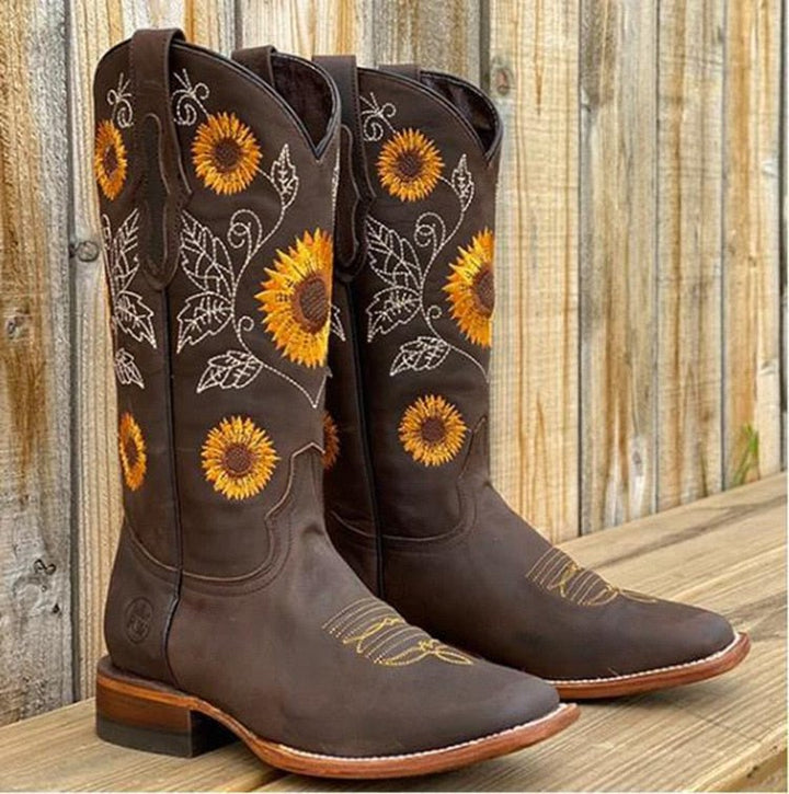 Damen Bestickte Sonnenblumen Cowboystiefel - Dark Brown