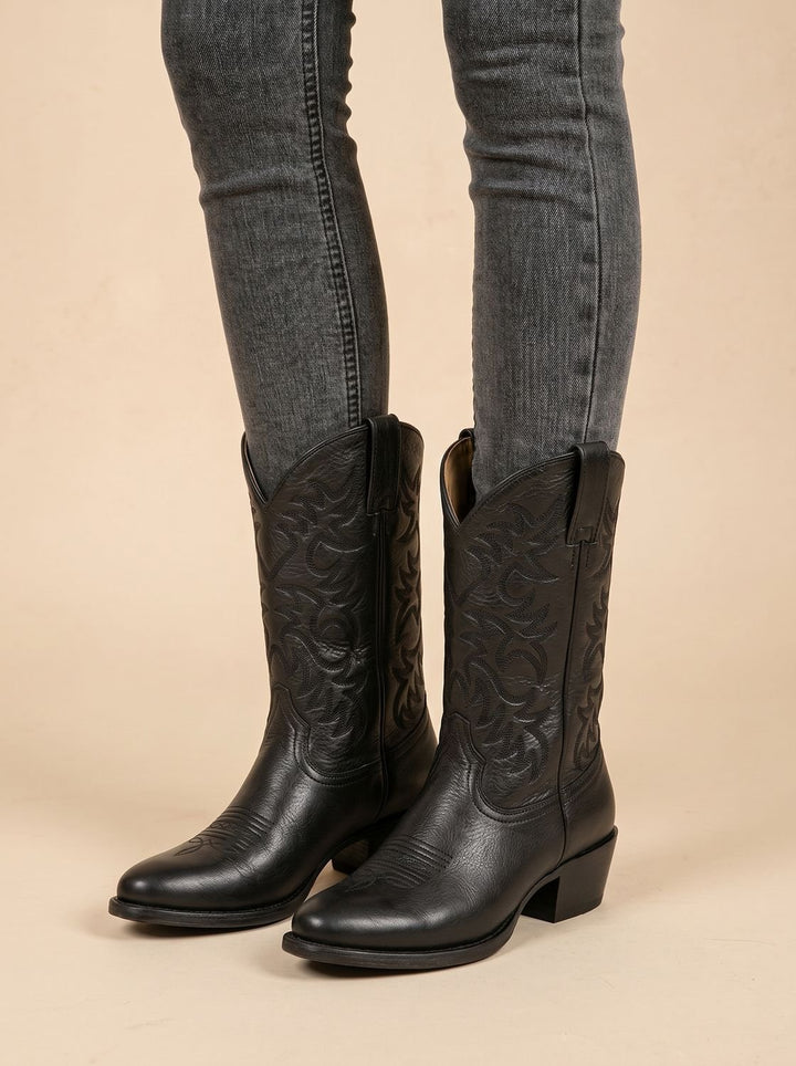 Damen Bestickte Western Cowboy Mid-Calf Stiefel mit Blockabsatz - Schwarz
