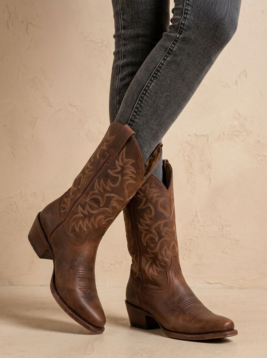 Damen Bestickte Western Cowboy Mid-Calf Stiefel mit Blockabsatz - Braun