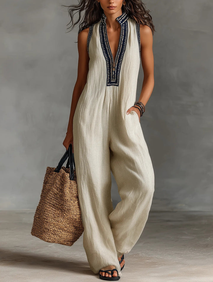 Damen Bestickter Ärmellose Linen Jumpsuit mit Stehkragen - Photo Color