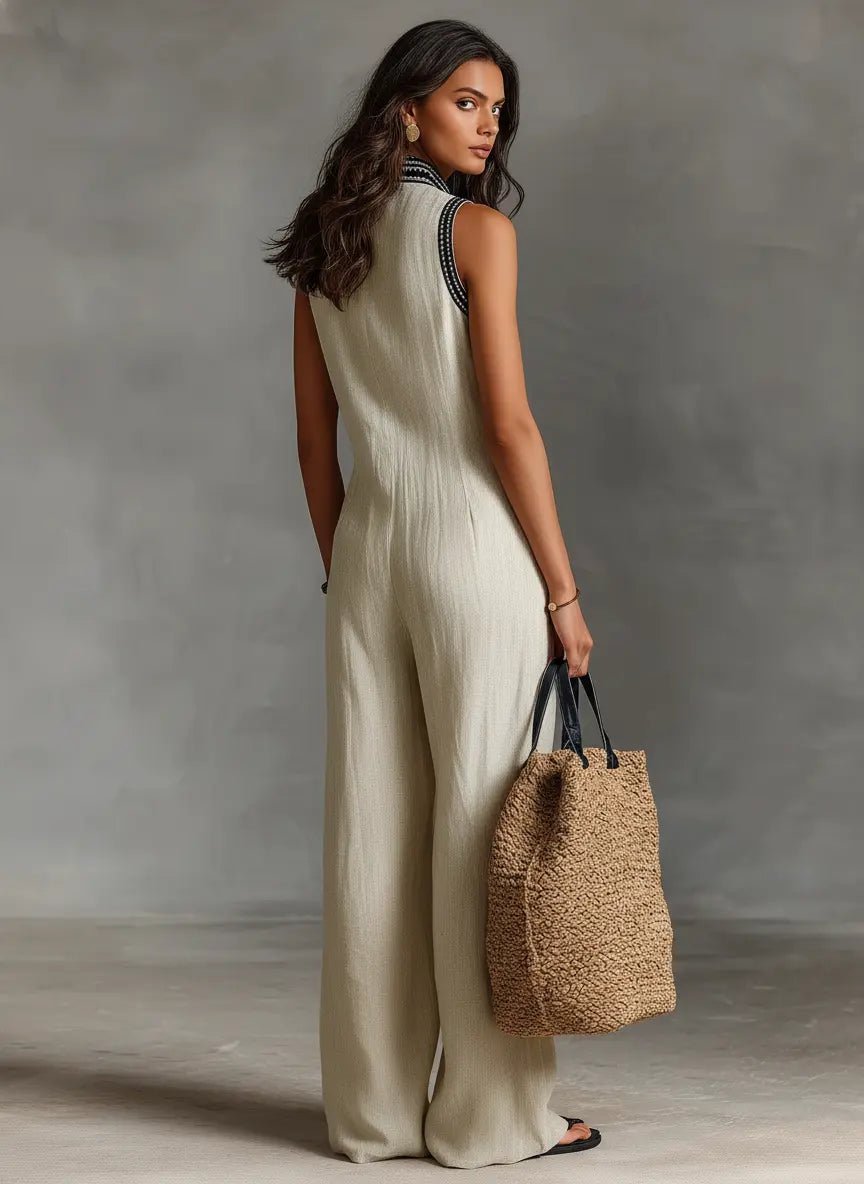 Damen Bestickter Ärmellose Linen Jumpsuit mit Stehkragen