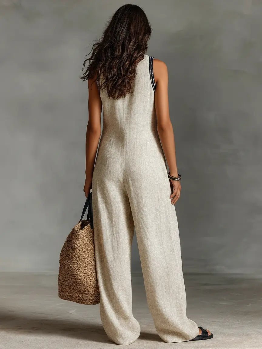 Damen Bestickter Ärmellose Linen Jumpsuit mit Stehkragen
