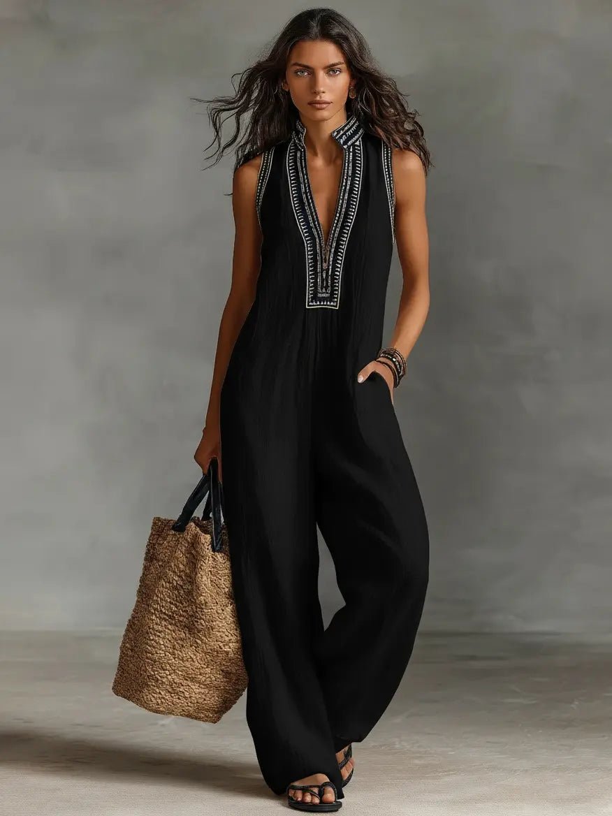 Damen Bestickter Ärmellose Linen Jumpsuit mit Stehkragen - Black