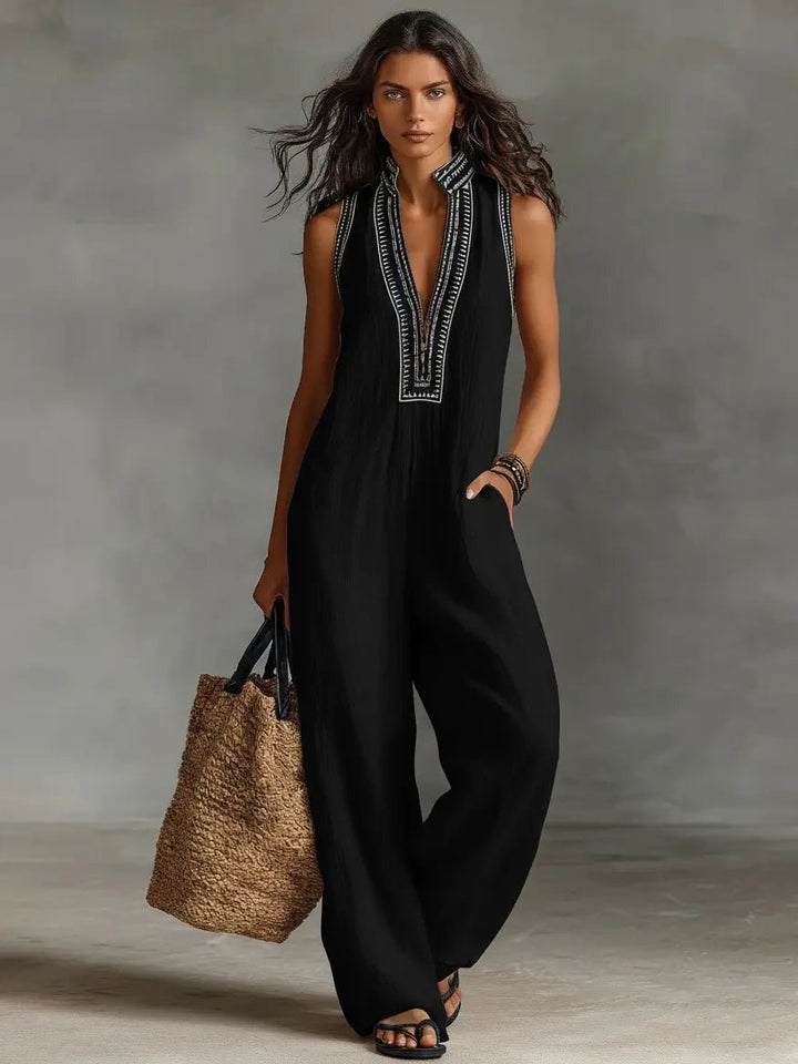 Damen Bestickter Ärmellose Linen Jumpsuit mit Stehkragen - Black