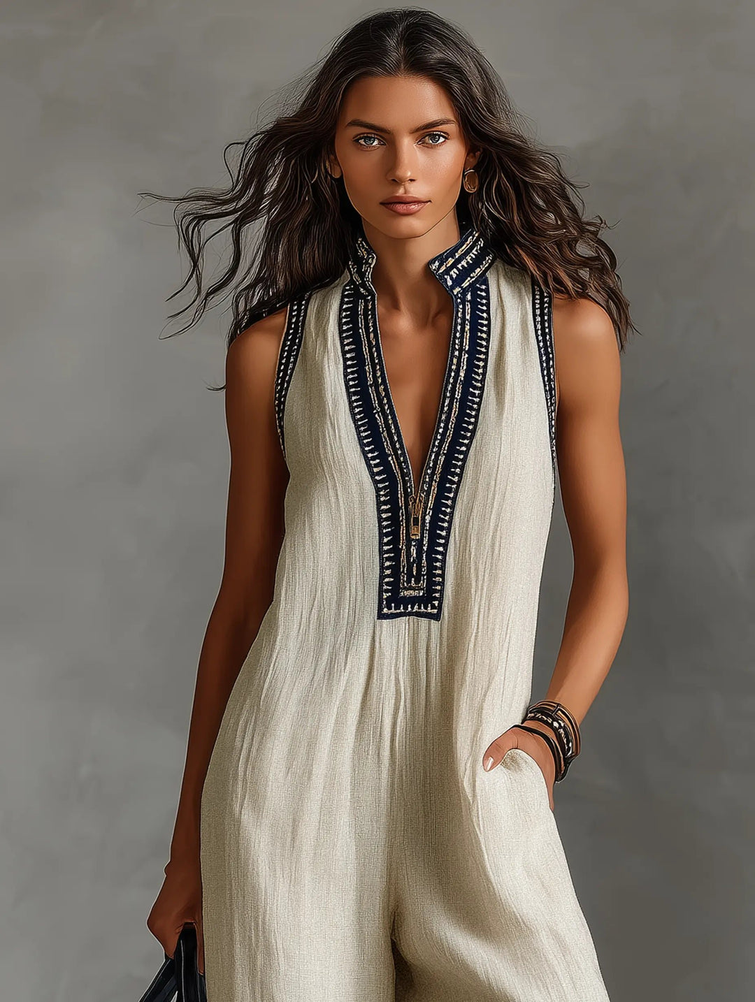 Damen Bestickter Ärmellose Linen Jumpsuit mit Stehkragen