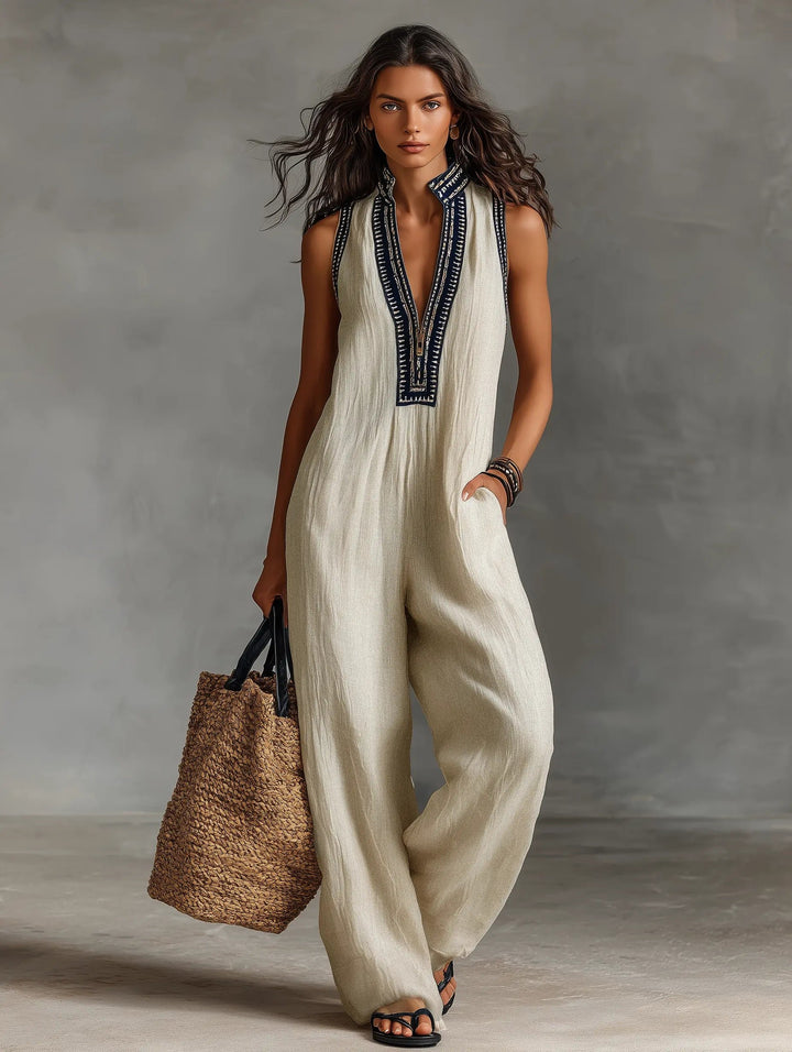 Damen Bestickter Ärmellose Linen Jumpsuit mit Stehkragen