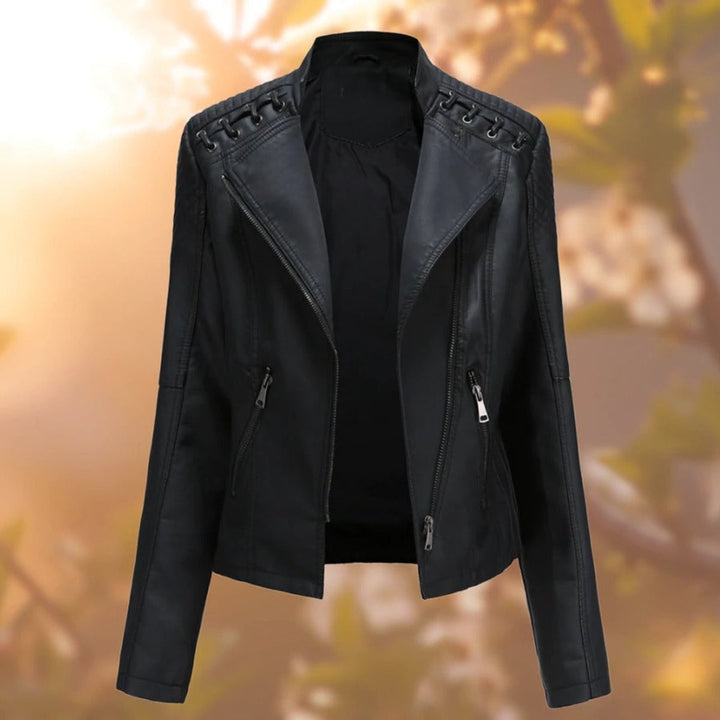 Damen Bikerjacke Kunstleder Reißverschluss Schulterdetail