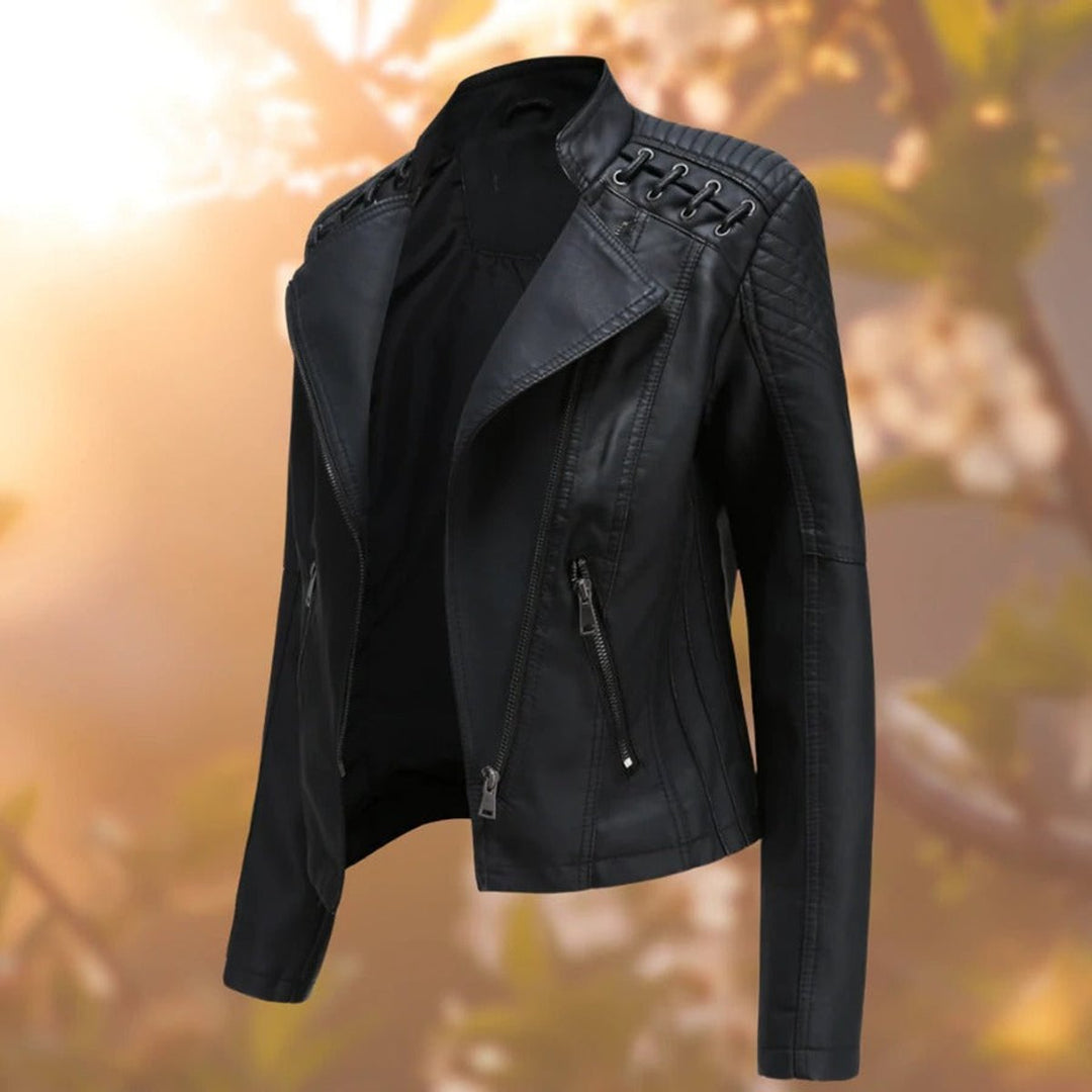 Damen Bikerjacke Kunstleder Reißverschluss Schulterdetail - Schwarz