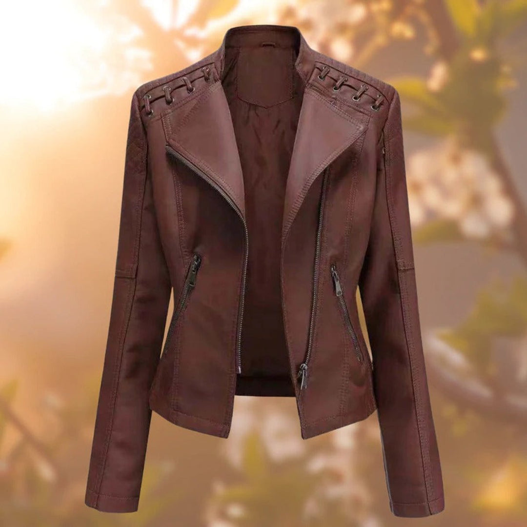 Damen Bikerjacke Kunstleder Reißverschluss Schulterdetail - Dunkelbraun