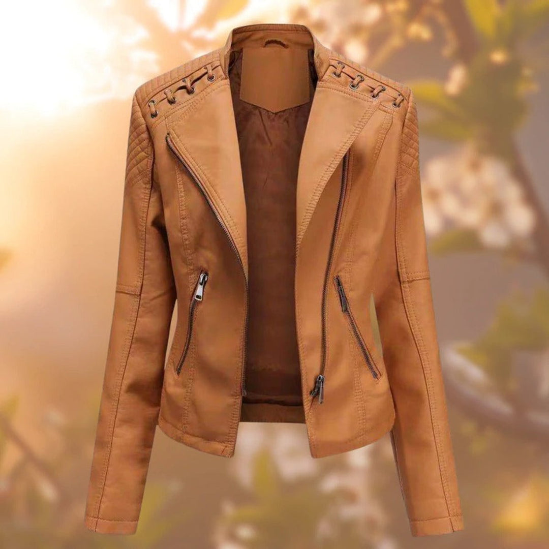Damen Bikerjacke Kunstleder Reißverschluss Schulterdetail - Orange