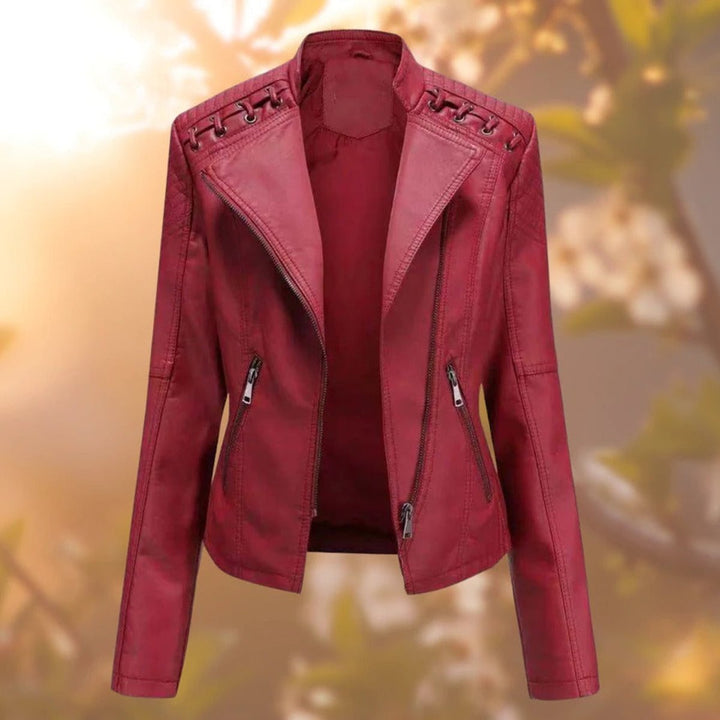 Damen Bikerjacke Kunstleder Reißverschluss Schulterdetail - Dunkelrot