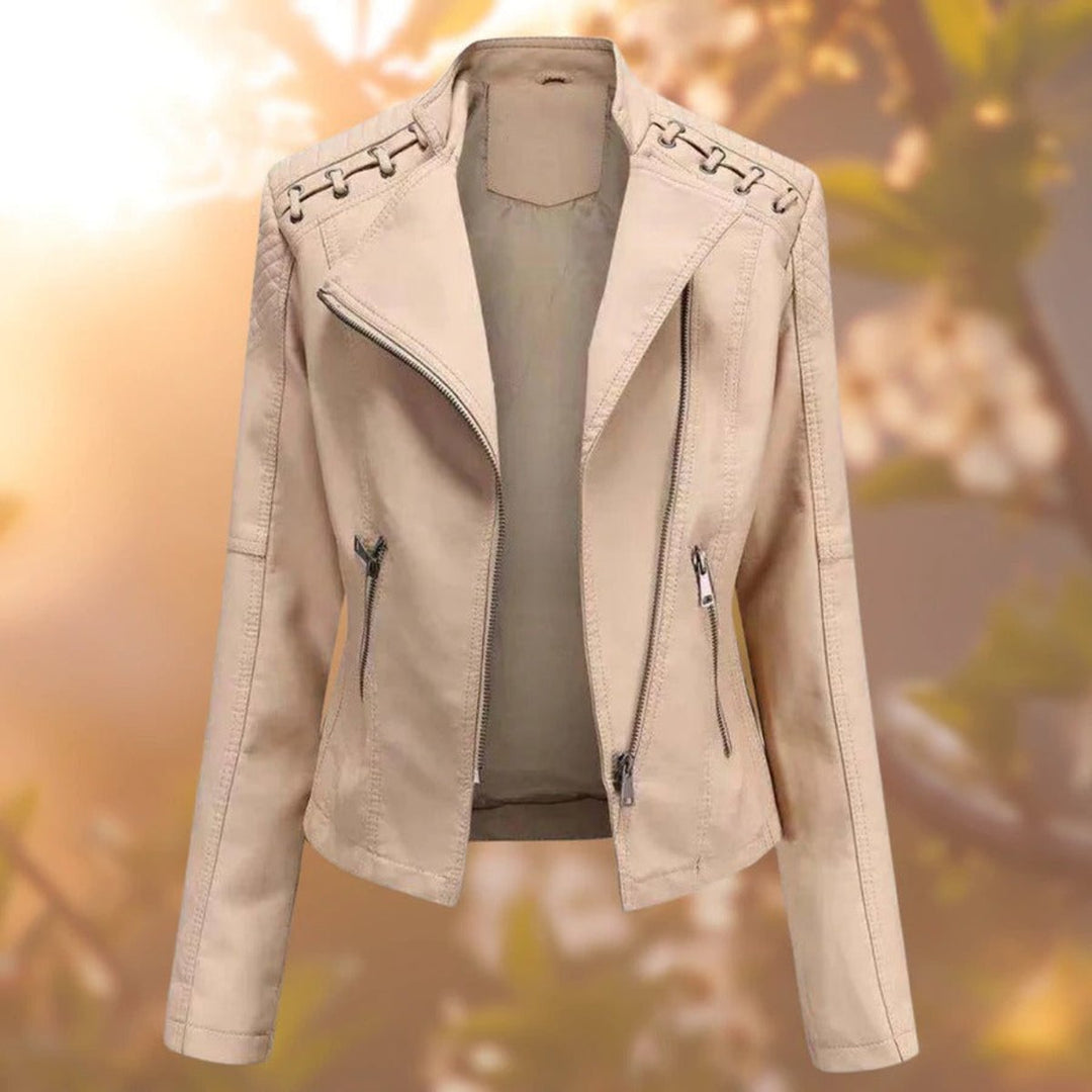 Damen Bikerjacke Kunstleder Reißverschluss Schulterdetail - Khaki