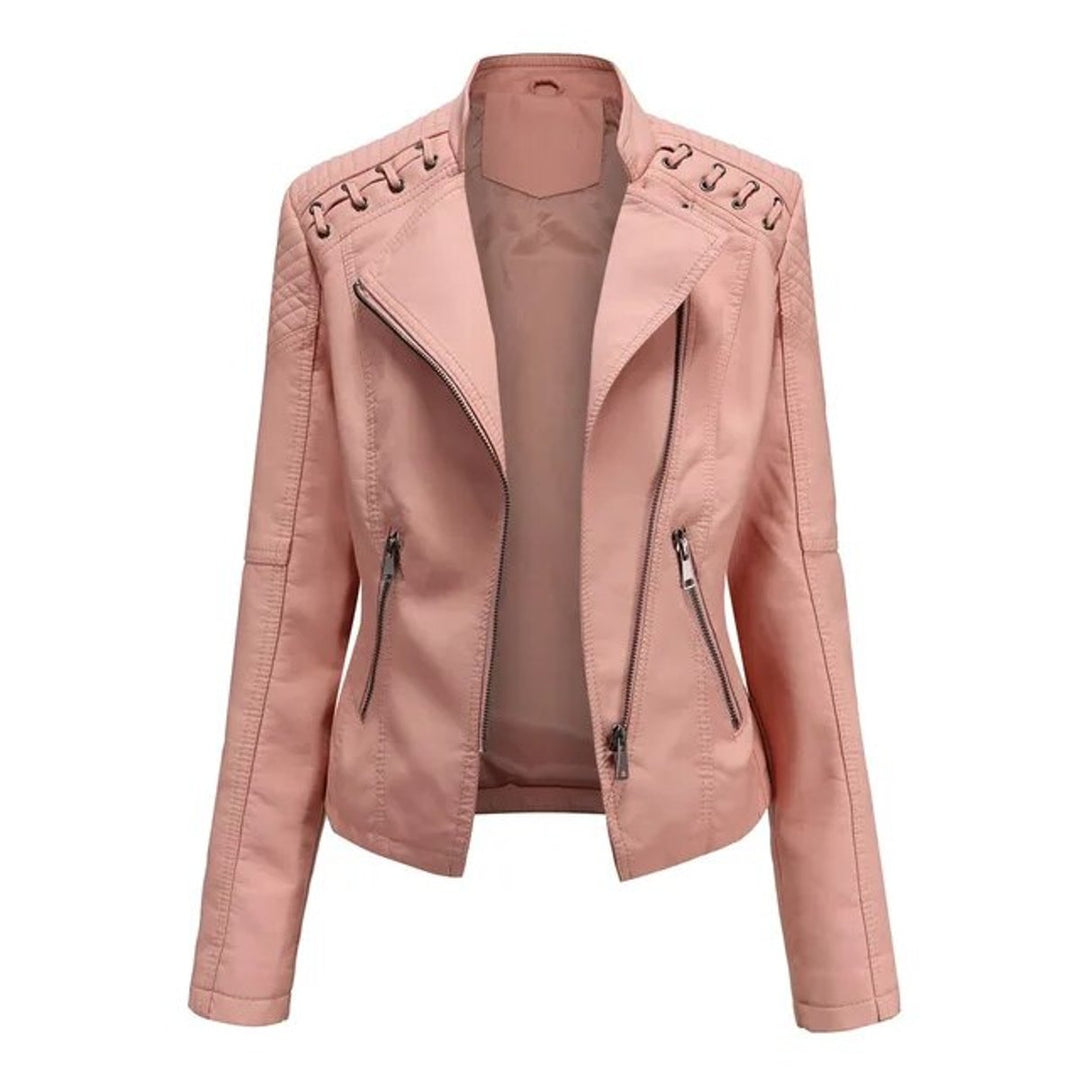 Damen Bikerjacke Kunstleder Reißverschluss Schulterdetail - Rosa