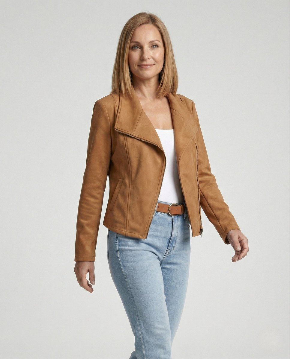 Damen Bikerjacke Kunstleder Wildlook asymmetrischer Reißverschluss
