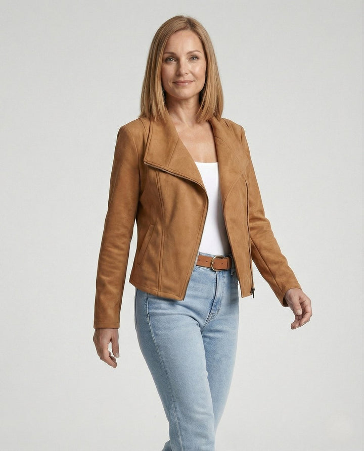 Damen Bikerjacke Kunstleder Wildlook asymmetrischer Reißverschluss