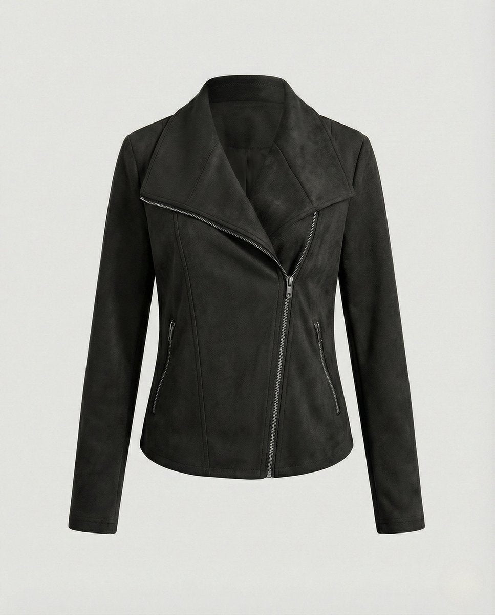 Damen Bikerjacke Kunstleder Wildlook asymmetrischer Reißverschluss - Schwarz