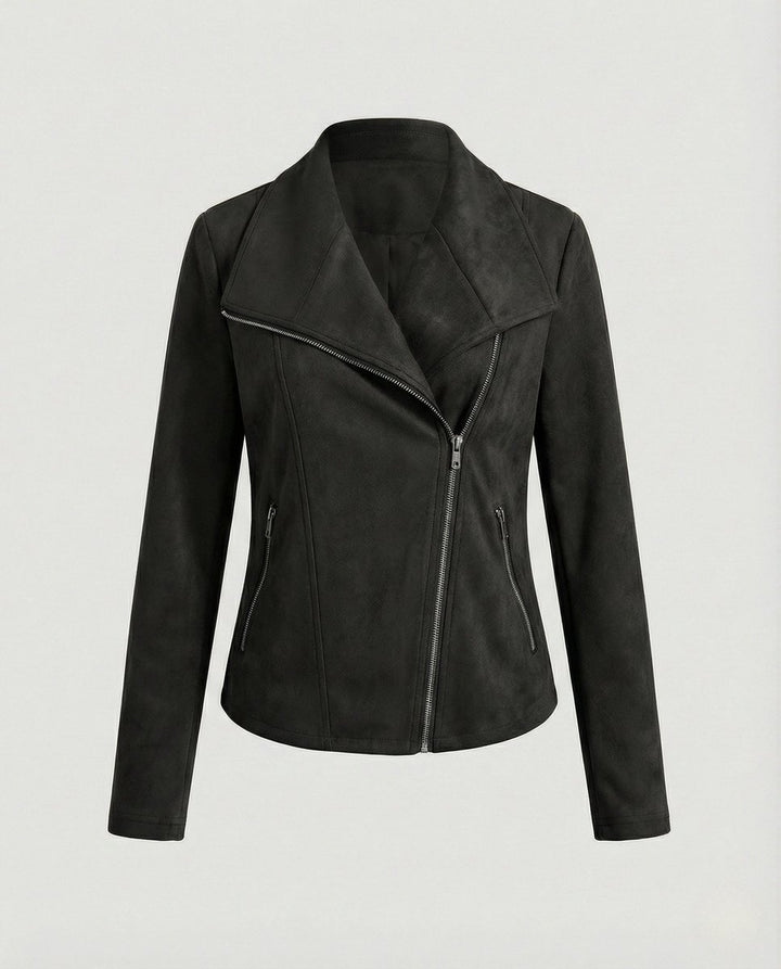 Damen Bikerjacke Kunstleder Wildlook asymmetrischer Reißverschluss - Schwarz