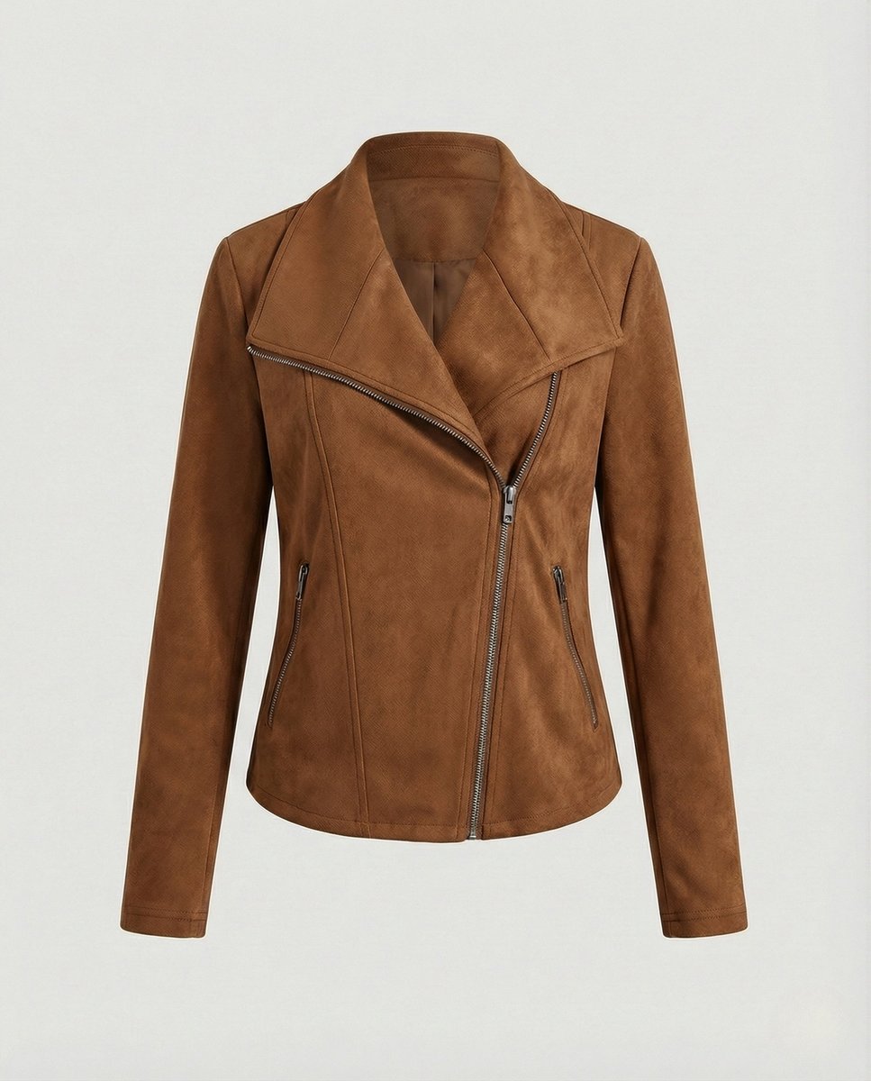 Damen Bikerjacke Kunstleder Wildlook asymmetrischer Reißverschluss - Camel