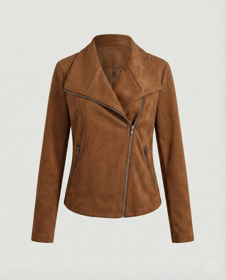 Damen Bikerjacke Kunstleder Wildlook asymmetrischer Reißverschluss - Camel