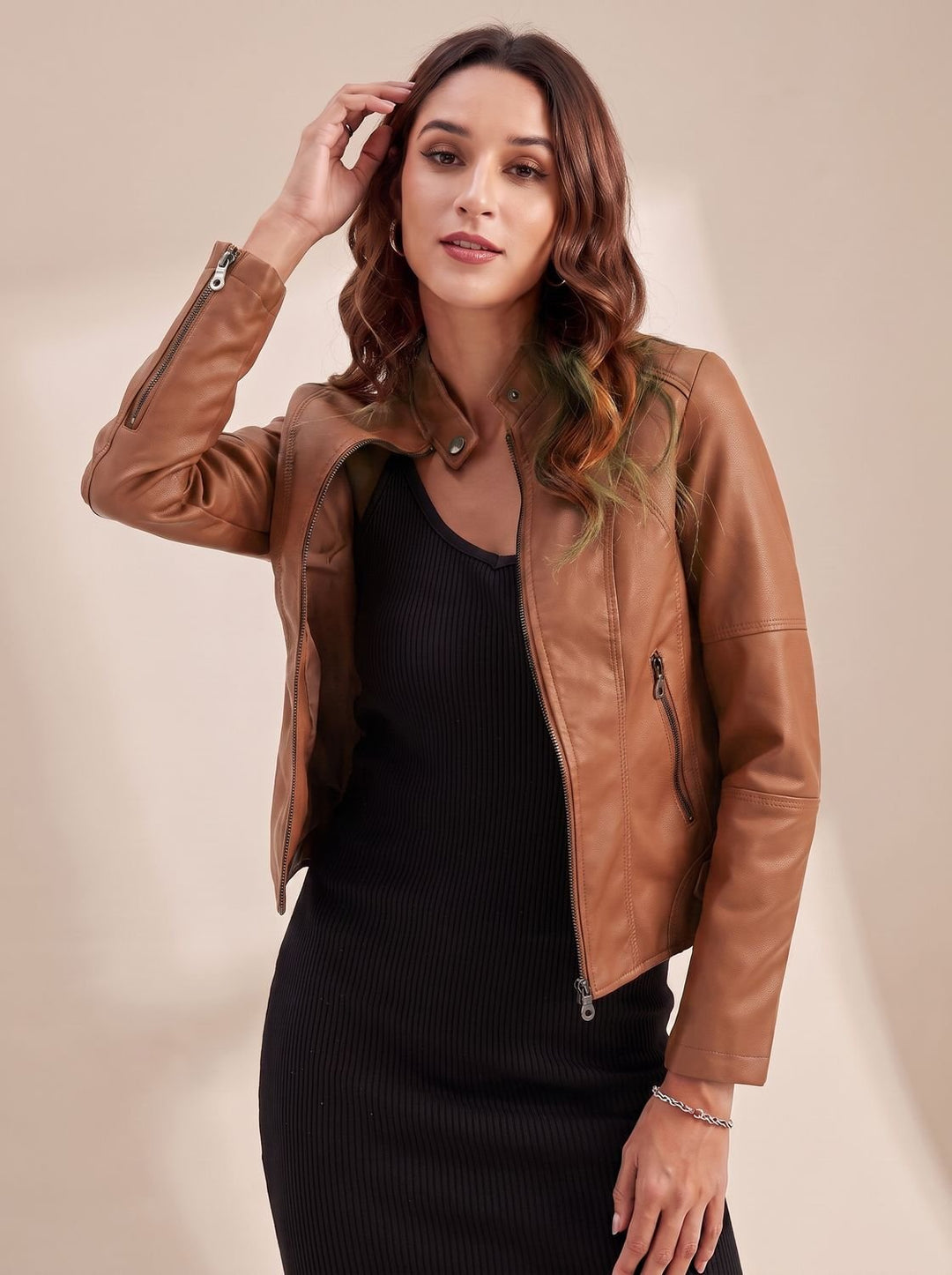 Damen Bikerjacke Taillierte Kunstleder Jacke mit Stehkragen - Braun
