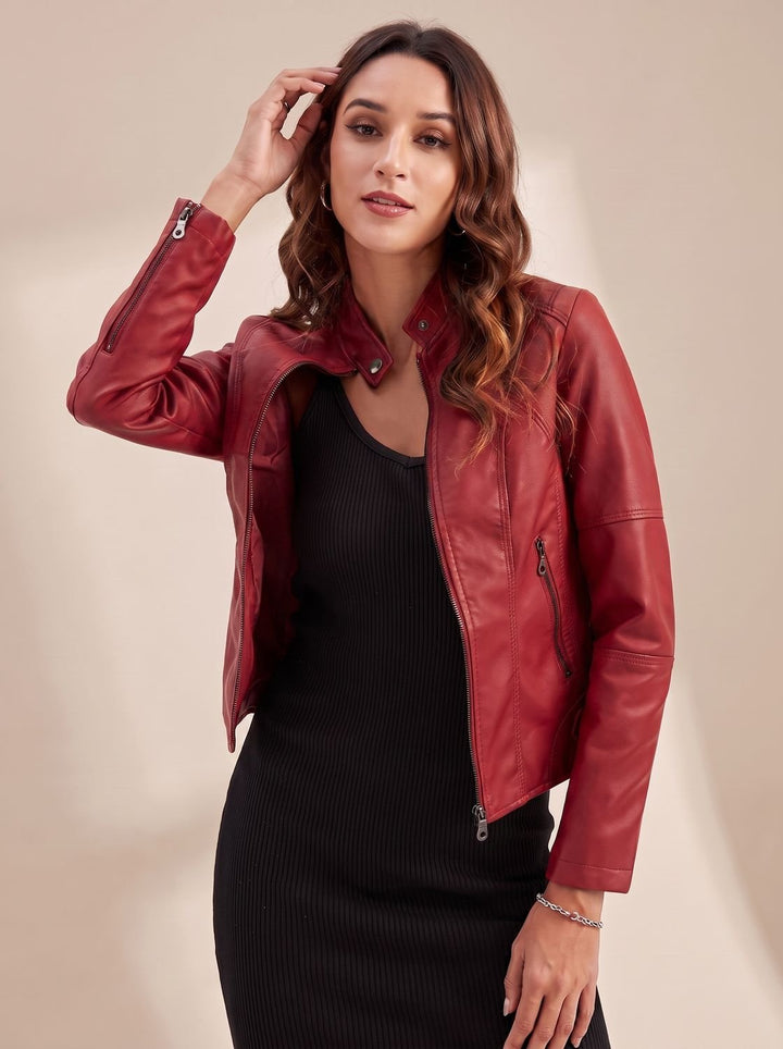 Damen Bikerjacke Taillierte Kunstleder Jacke mit Stehkragen - Rot
