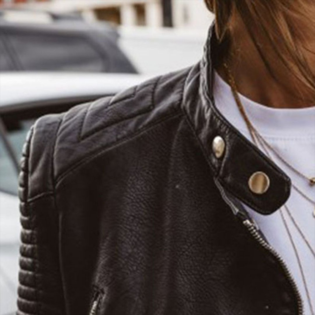 Damen Bikerjacke Taillierter Schnitt Reißverschluss Echtleder