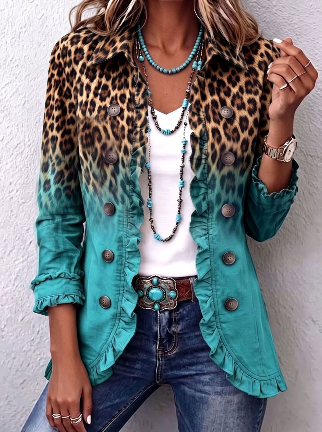 Damen Blazer Leopardenmuster Ombre Rüschen Knöpfe Langarm - Türkis
