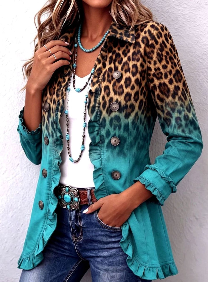 Damen Blazer Leopardenmuster Ombre Rüschen Knöpfe Langarm