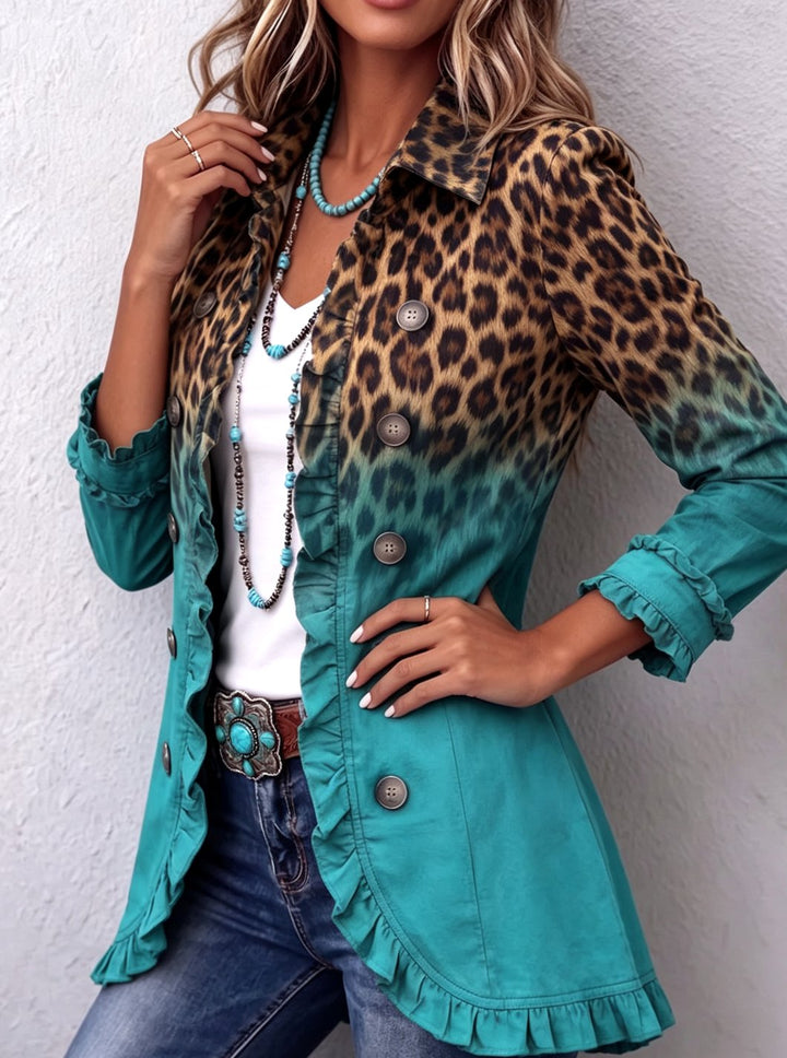 Damen Blazer Leopardenmuster Ombre Rüschen Knöpfe Langarm