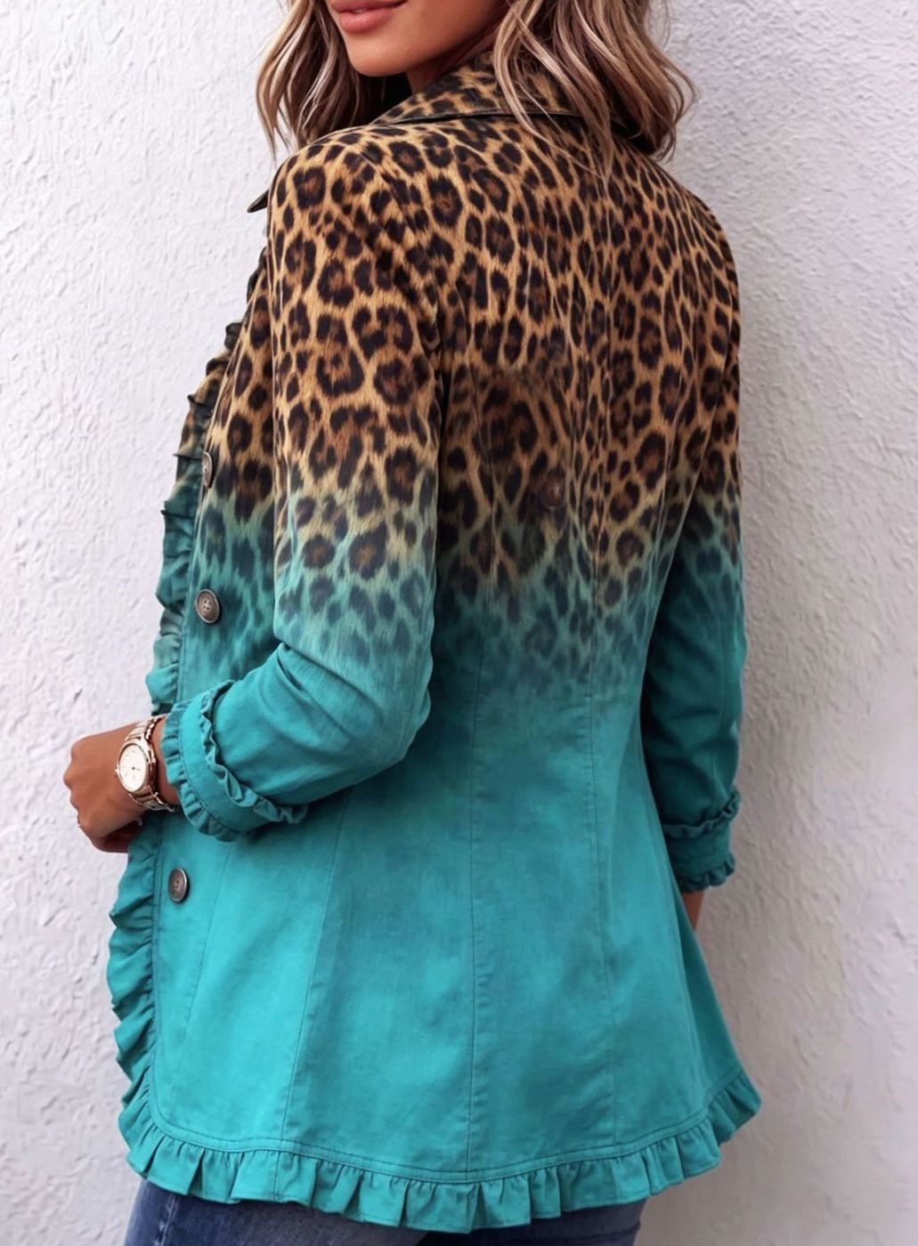 Damen Blazer Leopardenmuster Ombre Rüschen Knöpfe Langarm