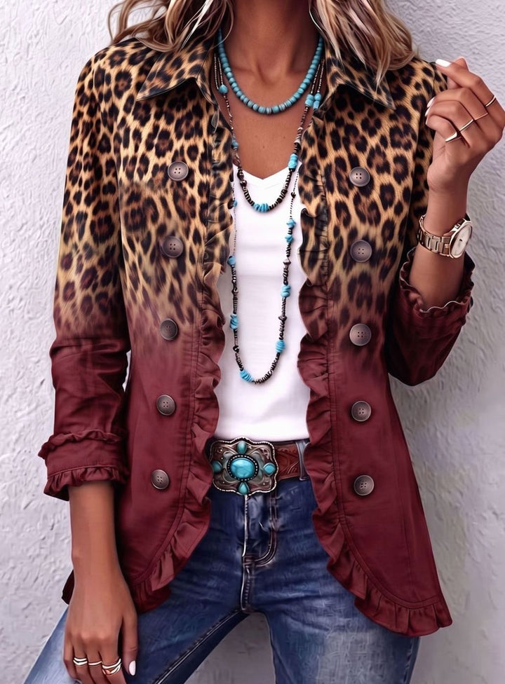 Damen Blazer Leopardenmuster Ombre Rüschen Knöpfe Langarm - Weinrot