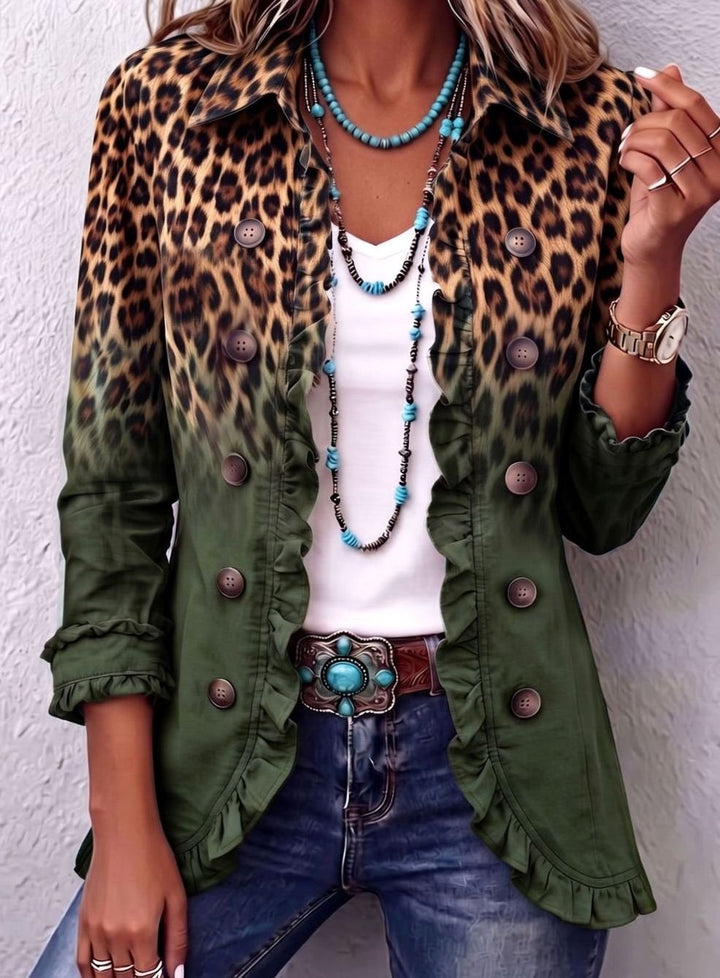 Damen Blazer Leopardenmuster Ombre Rüschen Knöpfe Langarm - Grün