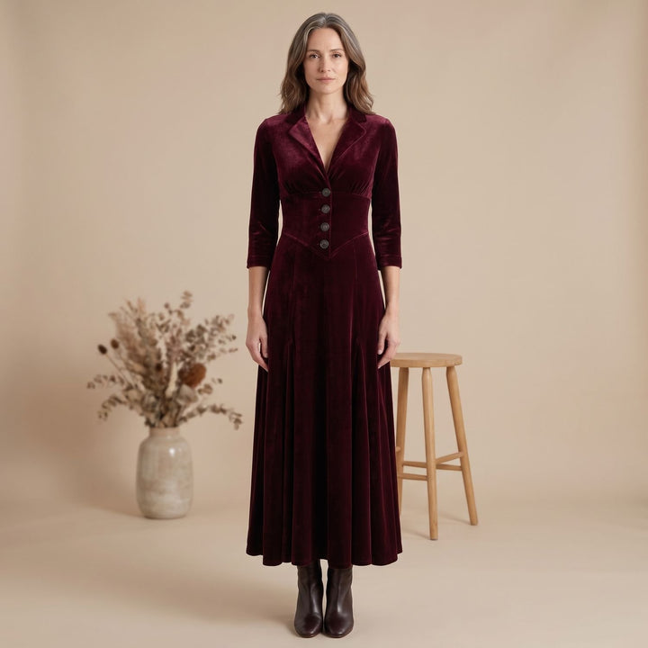 Damen Blazer-Samtkleid mit 3/4-Ärmeln ausgestellter Midi-Rock