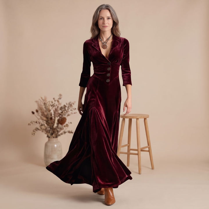 Damen Blazer-Samtkleid mit 3/4-Ärmeln ausgestellter Midi-Rock - Burgunderrot