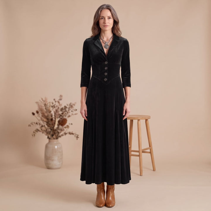 Damen Blazer-Samtkleid mit 3/4-Ärmeln ausgestellter Midi-Rock - Schwarz