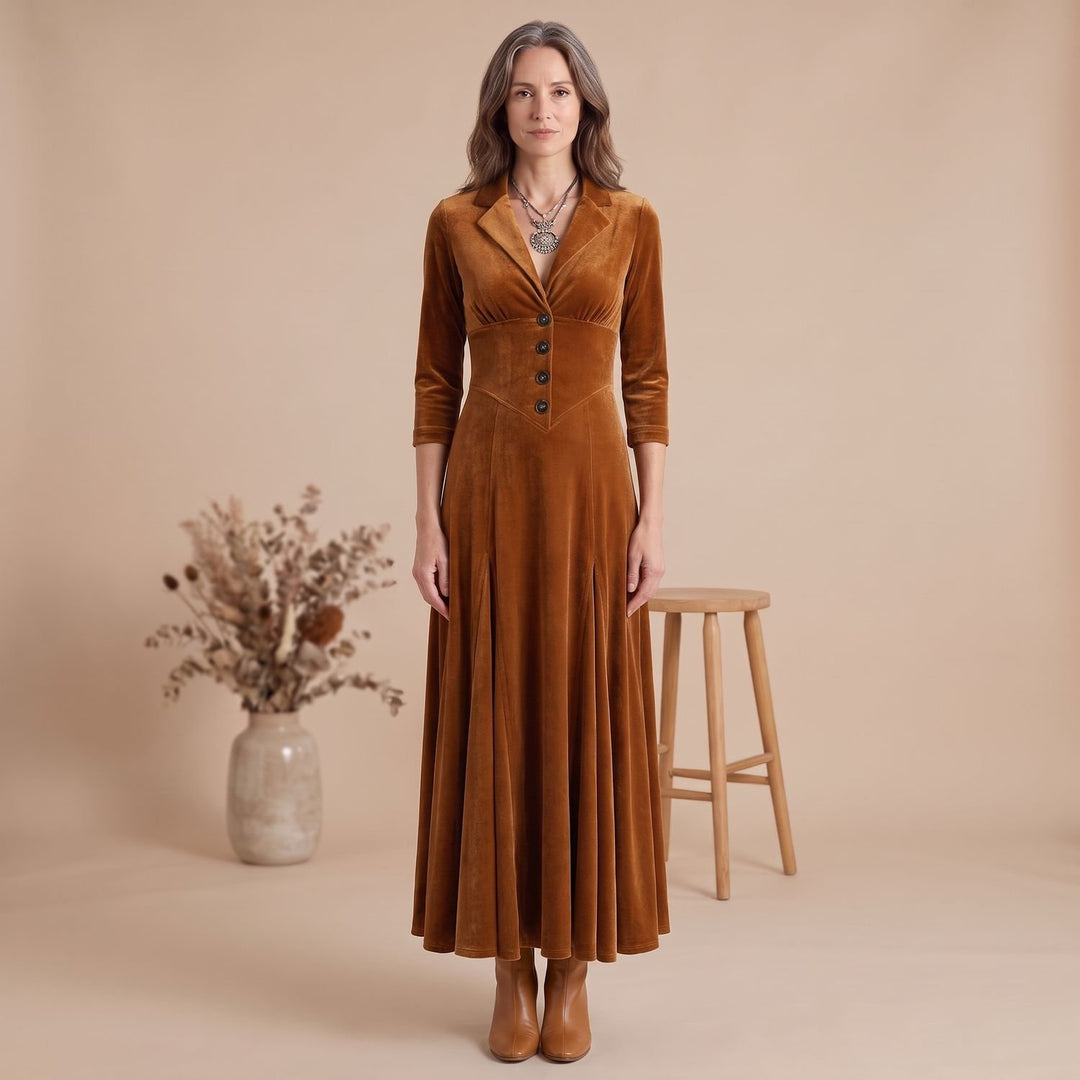 Damen Blazer-Samtkleid mit 3/4-Ärmeln ausgestellter Midi-Rock - Braun