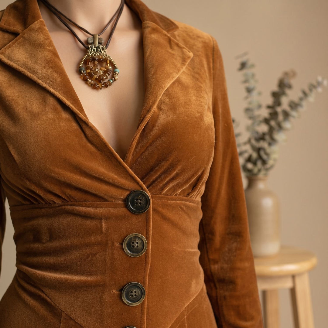 Damen Blazer-Samtkleid mit 3/4-Ärmeln ausgestellter Midi-Rock